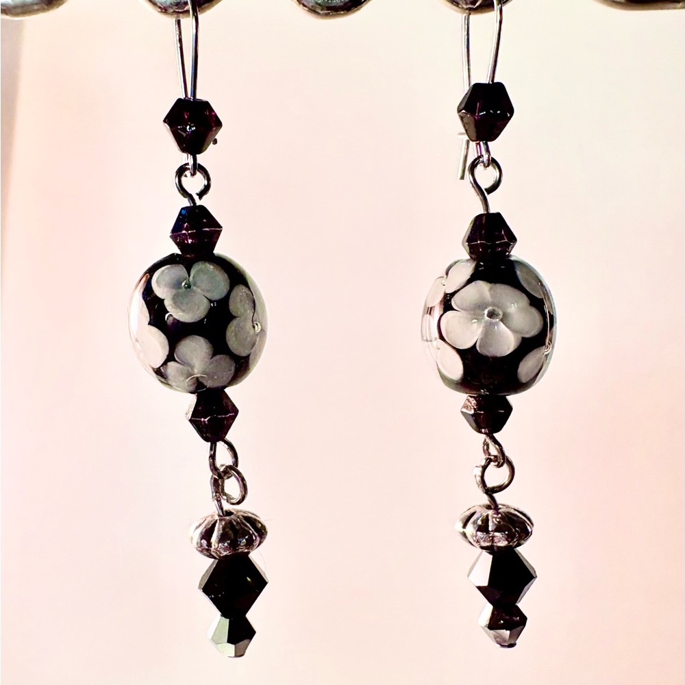 Handcrafted Earrings Pierced Unique Black/Clear Glass Bead w/ Embedded Flowers
